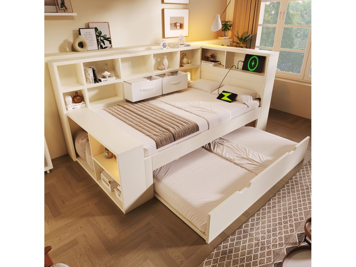 Cama Solteiro 90x190 Com Cama Puxada Gavetas Usb/type-c Branco