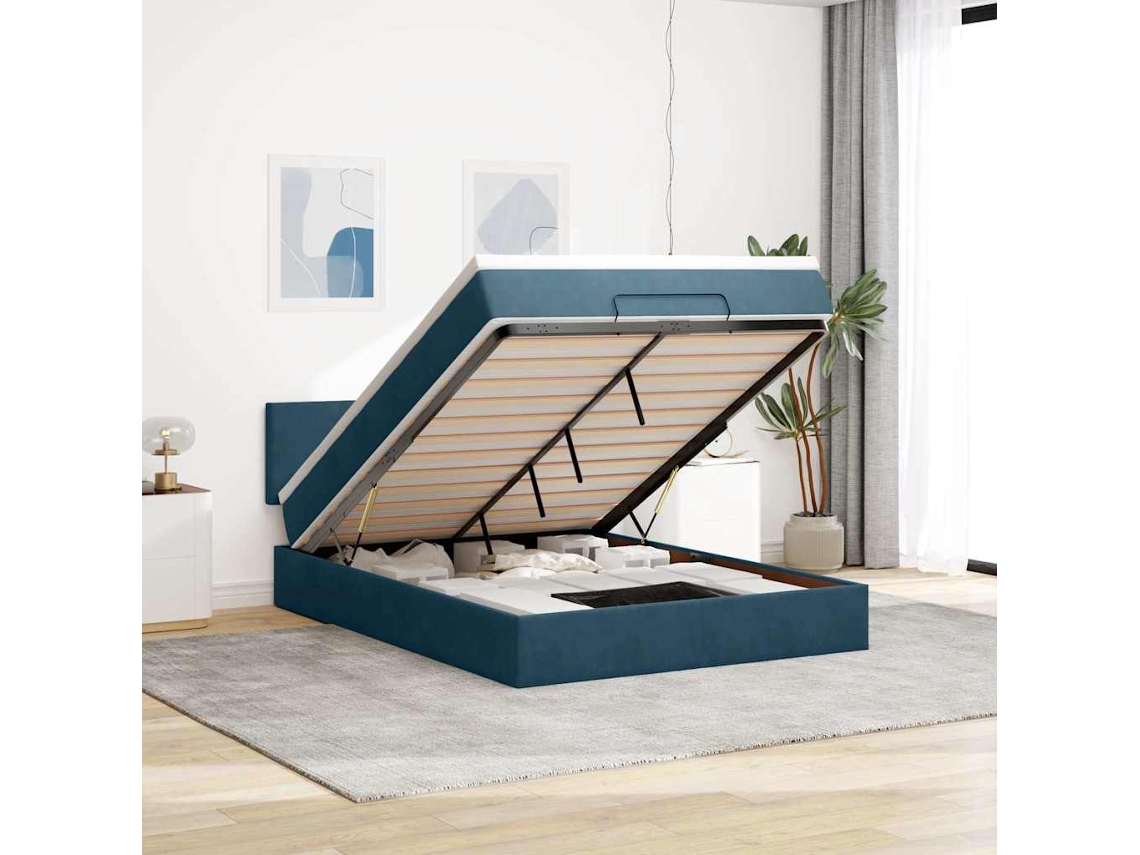 Vidaxl Estrutura De Cama Otomana Com Colchão 140x200 Cm Azul Escuro