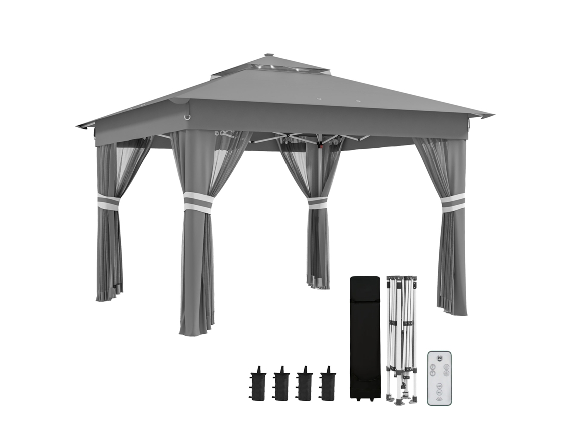 Pavilhão Dobrável 3x3 M Cinza Escuro Com Led, Teto Duplo, 4 Laterais Em Rede E Bolsa De Transporte Impermeável