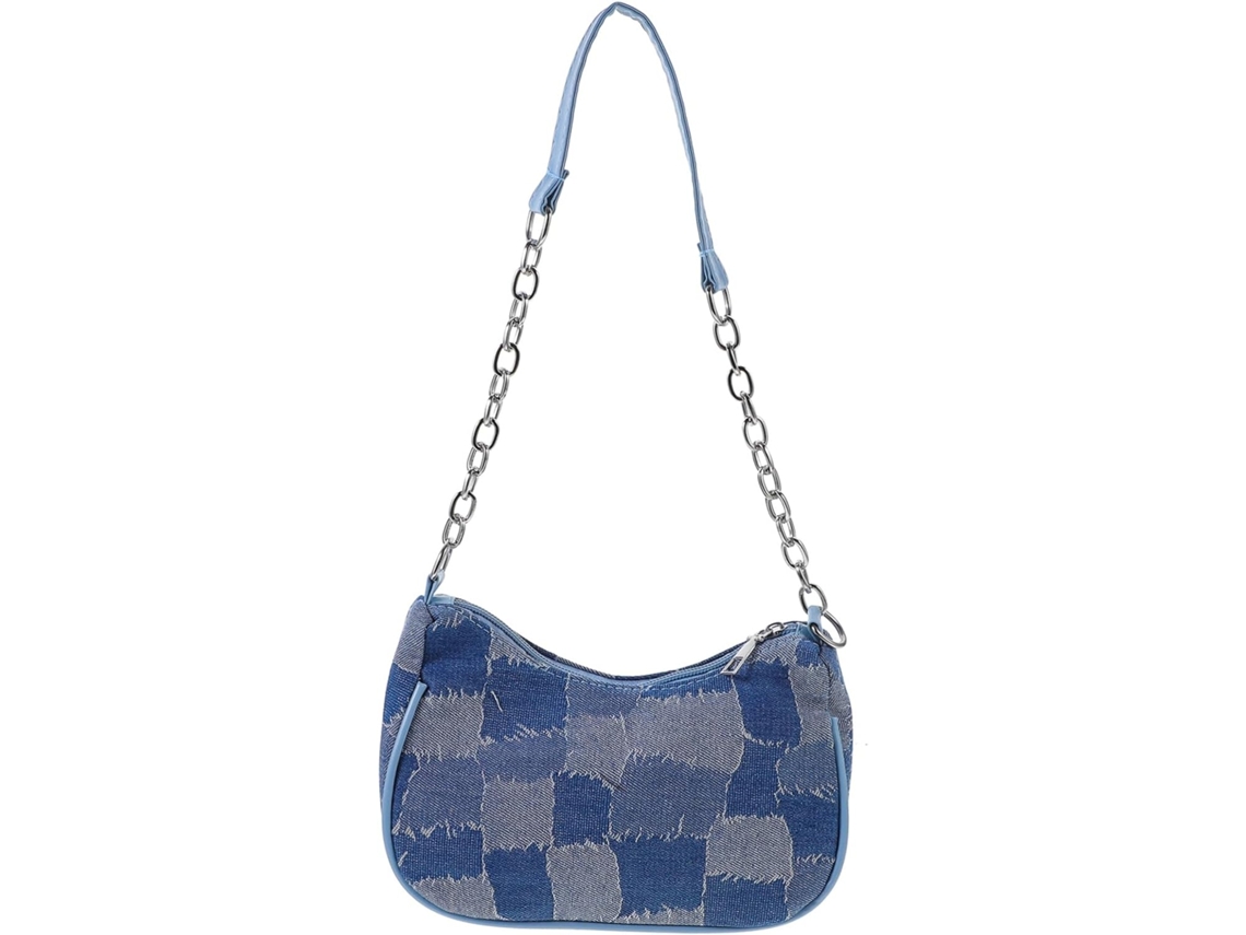 Bolsa De Ombro Feminina Elegante Com Estampa Xadrez, Leve E Portátil, Na Cor Jeans Azul.