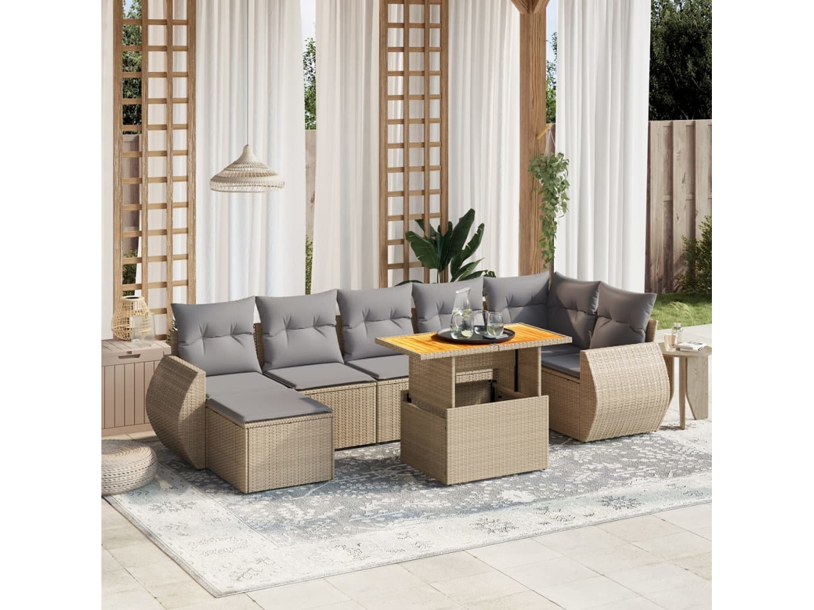 Vidaxl 8 Pcs Conjunto De Sofás P/ Jardim Com Almofadões Vime Pe Bege