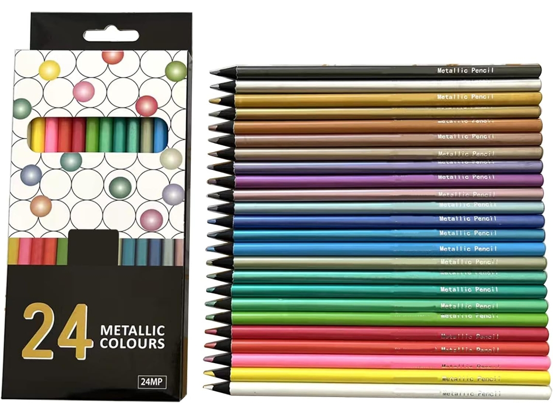 Conjunto De 24 Lápis De Cor Metálicos Em Cores Sortidas, Com Corpo Em Madeira Preta, Para Desenho E Esboço, Para Crianças E Adultos.
