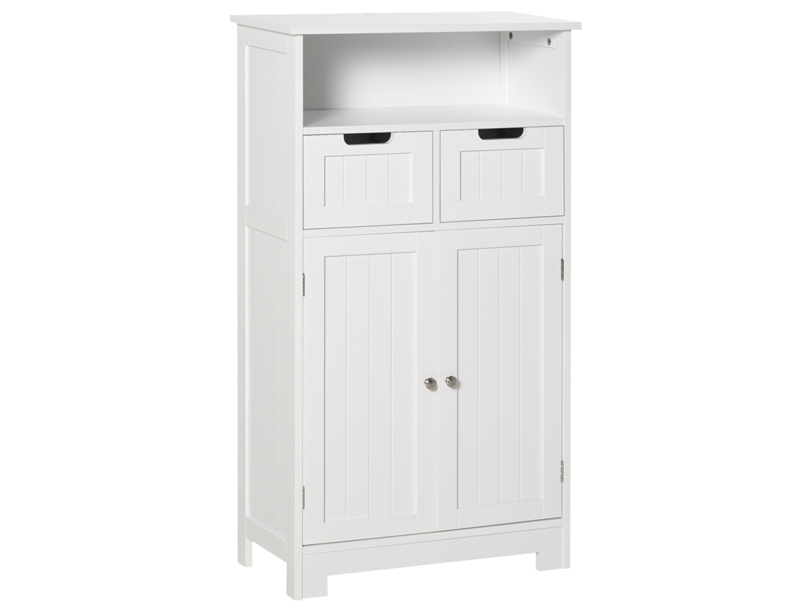 Kleankin Armário Banheiro Branco 60x30x108,8cm 2 Portas 2 Gavetas, Prateleira Ajustável Compartimento Aberto Multiúso.