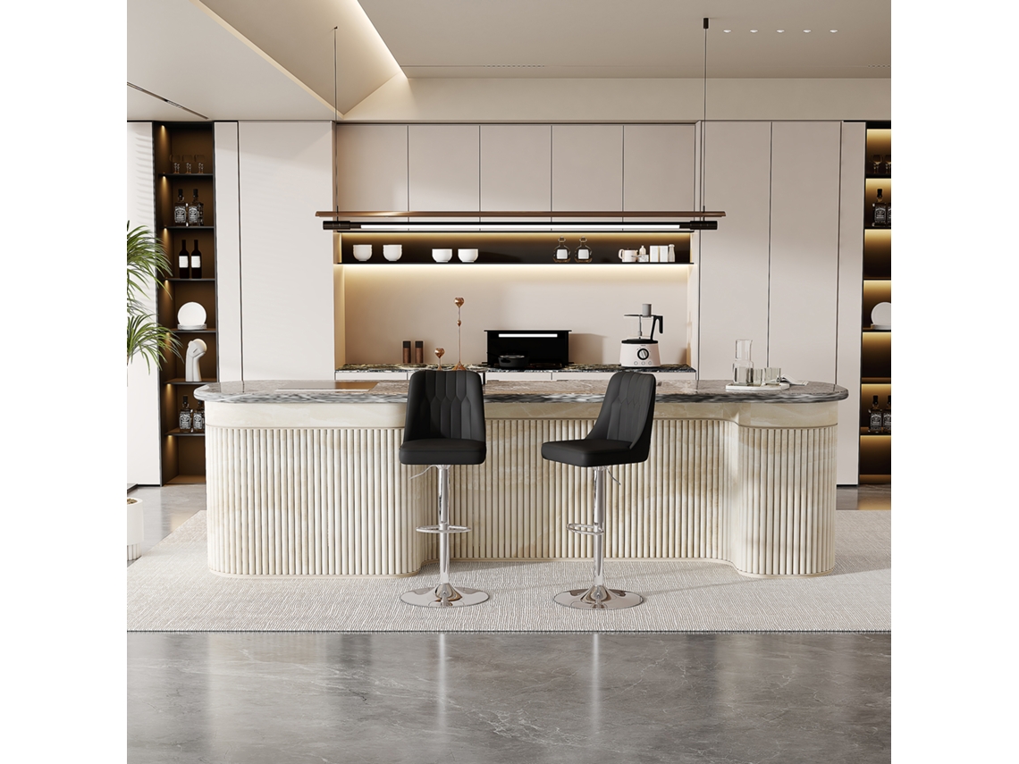 Bancos De Bar (2 Unidades) - Ajustáveis, Giratórios A 360°, Encosto Em Pu Com Design Almofadado - Preto E Prateado