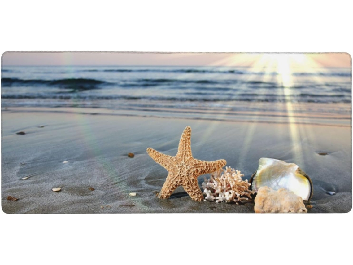 Mousepad Grande para Computador com Estampa de Estrela do mar, Concha e Praia Ensolarada, Base Borracha Antide