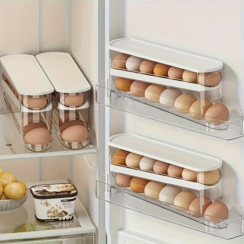Bandeja De Plástico Com Tampa, Organizador De Ovos Com Rodinhas Para Geladeira, Suporte Para Ovos Que Economiza Espaço Na Geladeira