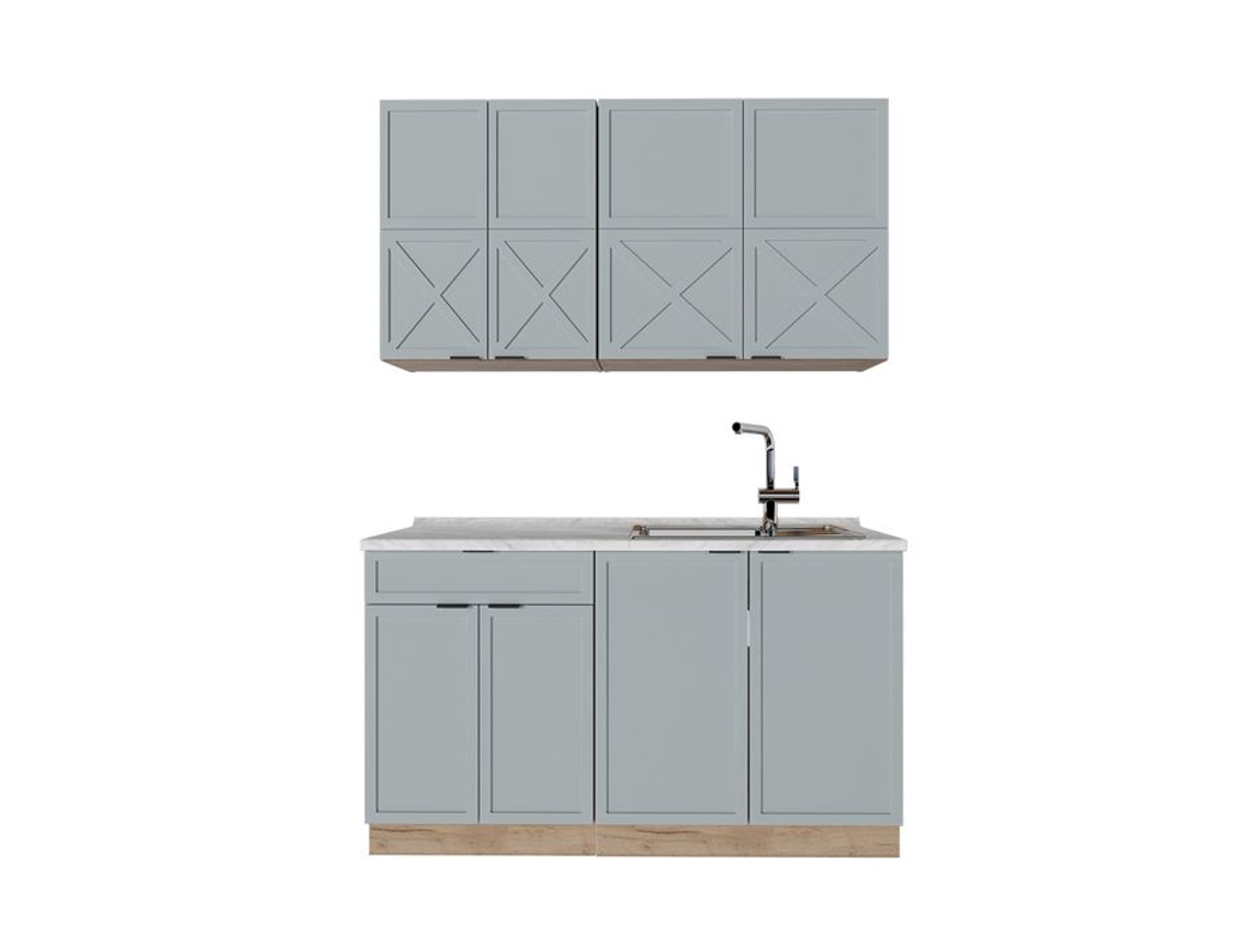 Cuisine Fame Line, 140cm, Pt Mármore, Azul Claro Cinza/ Carvalho Força De Ouro, Carvalho De Força Dourado, Vicco