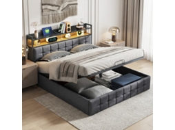Cama Hidráulica De 140x190 Cm, Cama De Casal Com Espaço De Arrumação, Cabeceira Com Iluminação Led E Compartimentos De Arrumação, Em Linho, Cinzenta