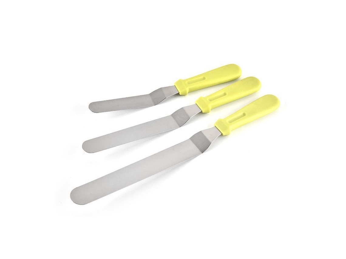 2026 conjunto de Espátulas de Decoração para Bolos de Aço Inoxidável com Cabo Plástico Inclinado 6 8 10 Polegadas Amarelo