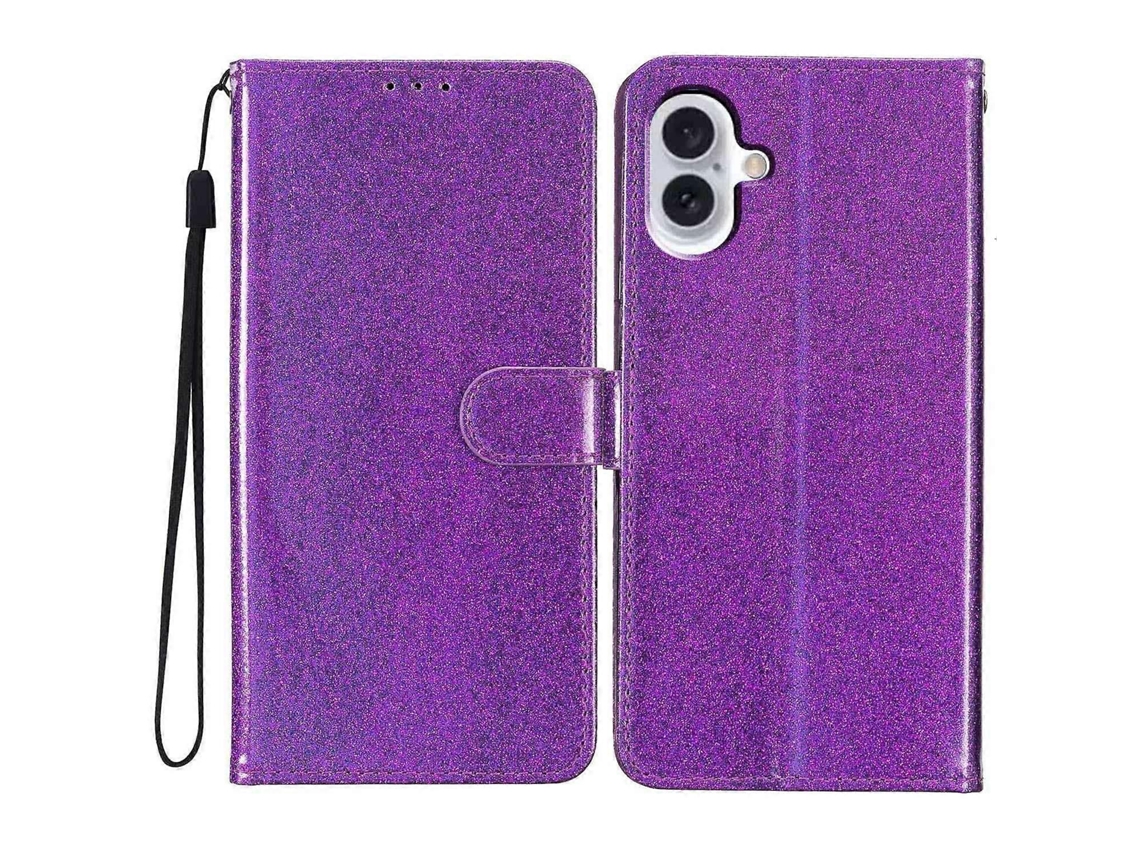 Capa De Couro Pu Com Suporte Dobrável E Glitter Para Iphone 16 Plus
