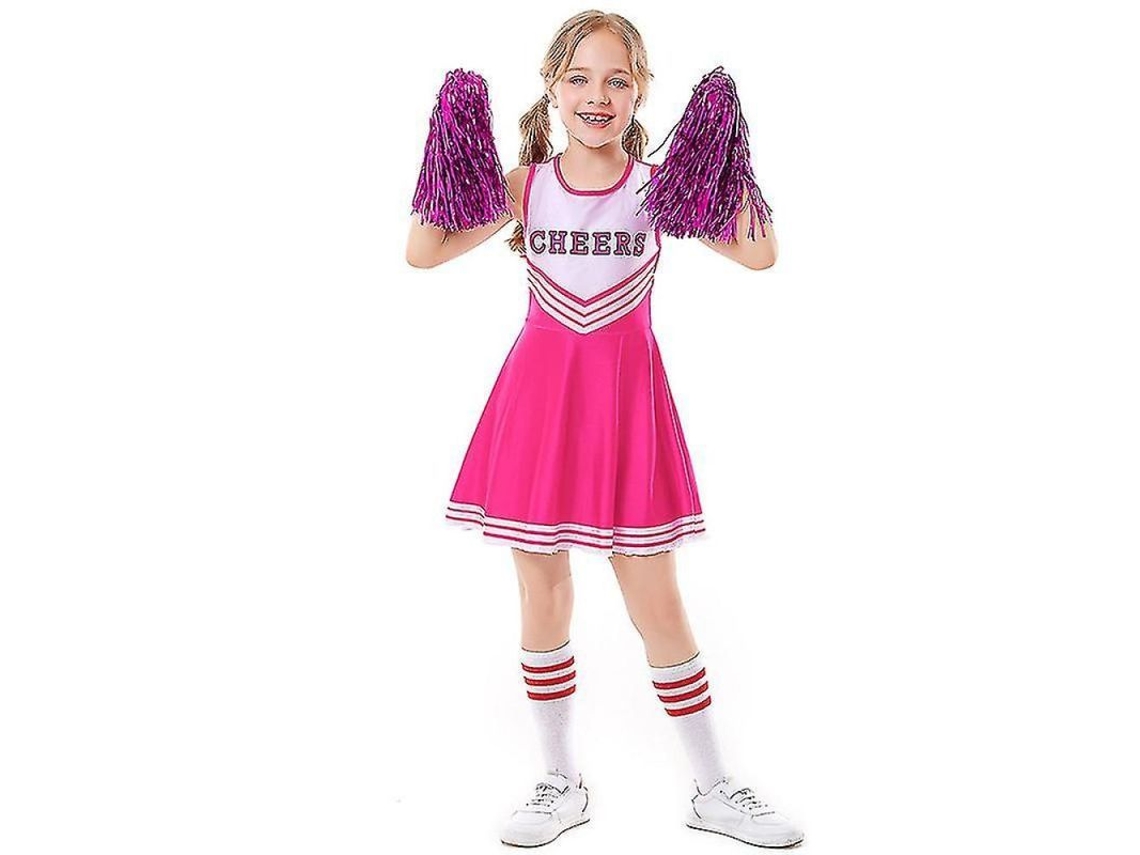 Traje Cheerleader Meninas 3-10 Anos Pompons Rosa Vermelha