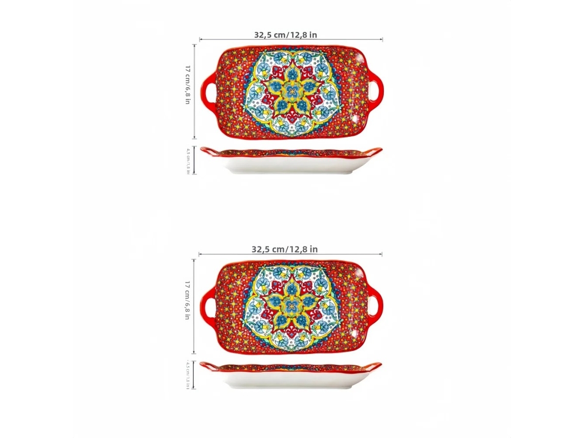 Pratos de Jantar Retangulares em Cerâmica Estilo Boêmio em Formato de Peixe, 32,5 Cm (12,8 Polegadas), Próprios para Aquecimento. MDUG (2 Vermelhos)