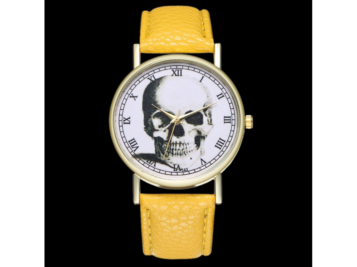 Relógio de pulso casual com caveira, numerais romanos e pulseira de couro PU amarela.