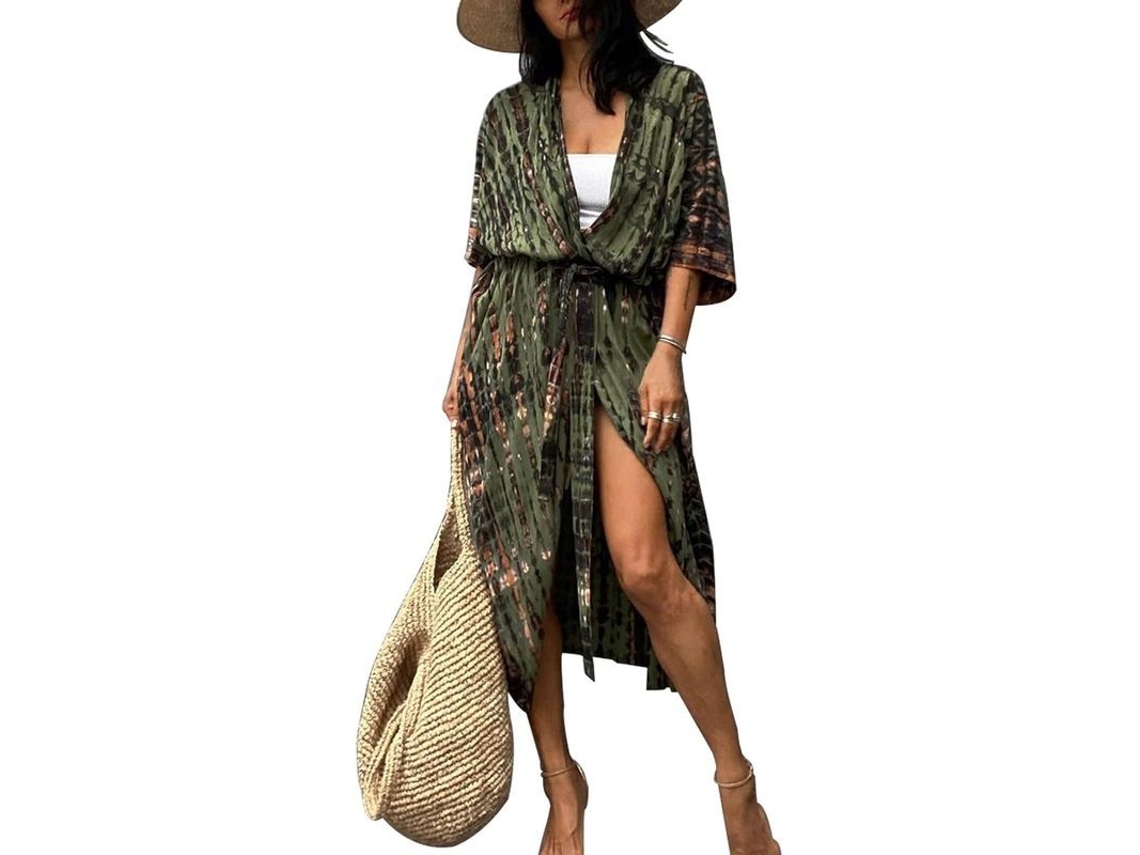 Vestido longo de praia feminino, quimono boêmio com proteção solar.