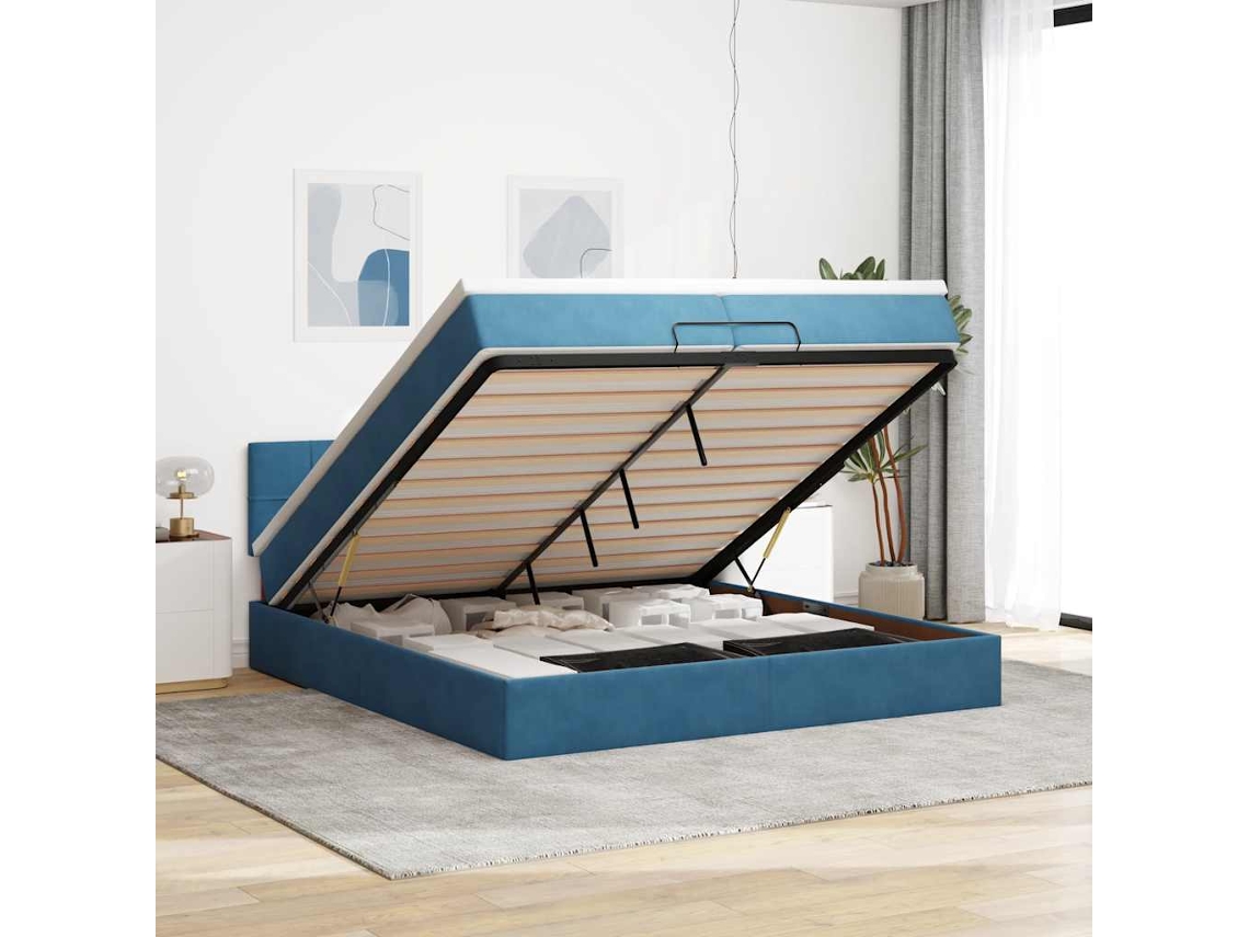 Estrutura De Cama Otomana Com Colchão 200x200 Cm Azul Escuro