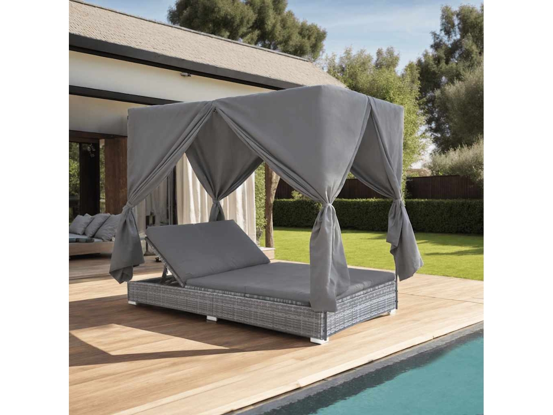 Vidaxl Espreguiçadeira De Exterior Com Cortinas Em Vime Pe Cinzento
