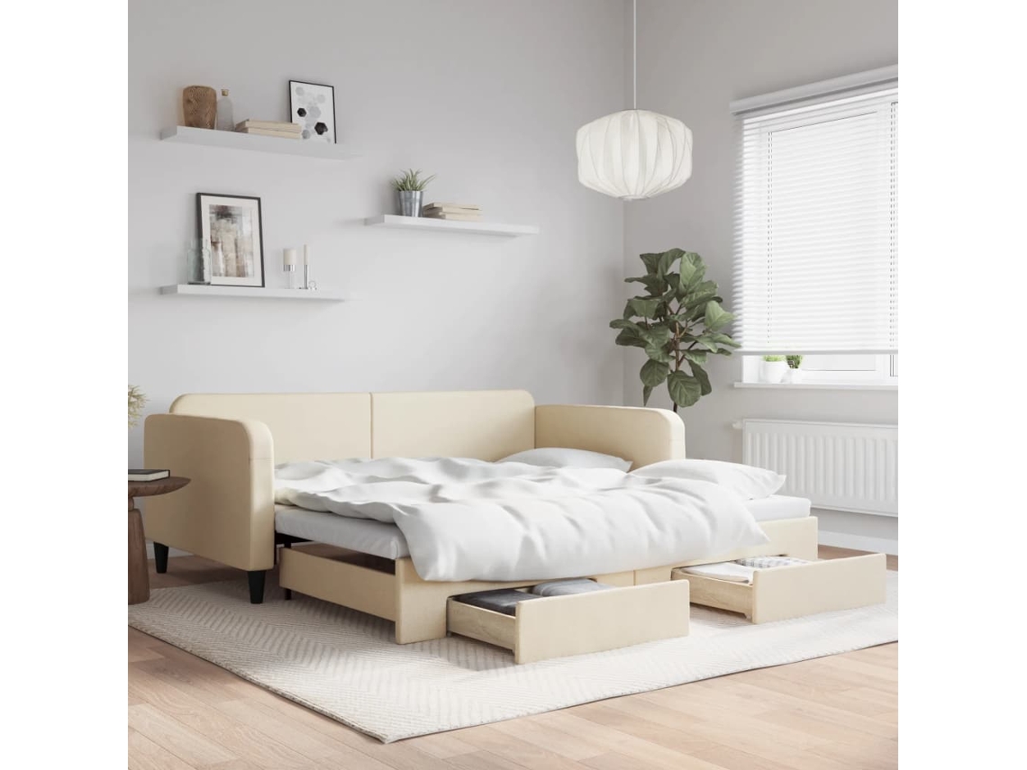 Vidaxl Sofá-cama Com Gavetão E Gavetas 100x200 Cm Tecido Cor Creme