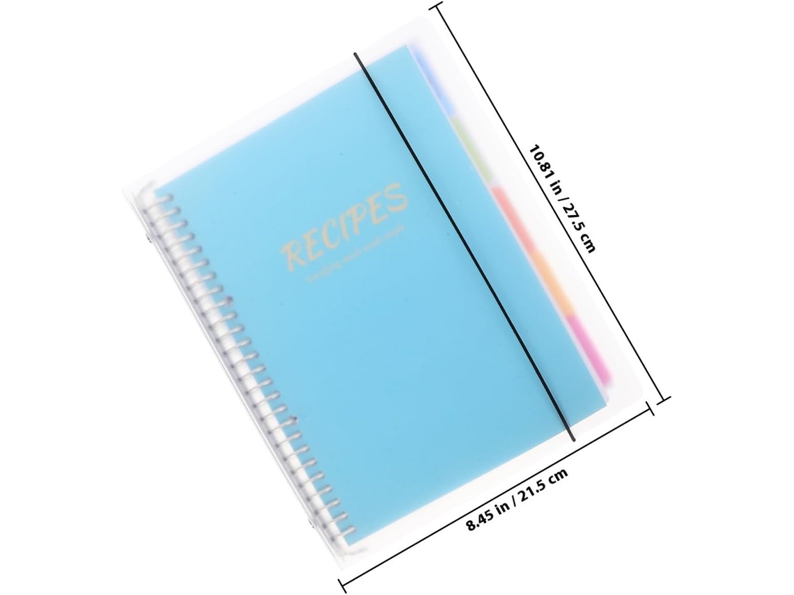 Caderno de receitas para cozinha, em papel e plástico, com design moderno e multifuncional.