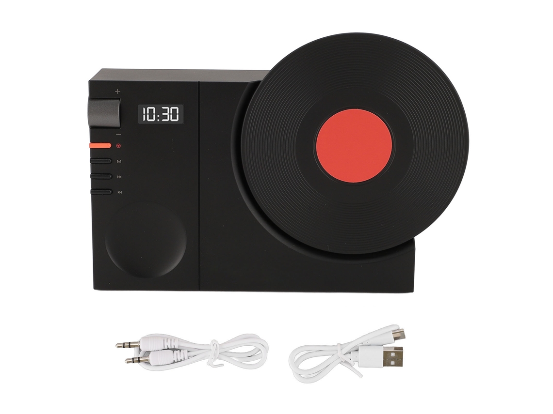Primerox caixa de Som Bt Retrô com Relógio de Mesa Forma Giratória Tocador de Vinil Preto