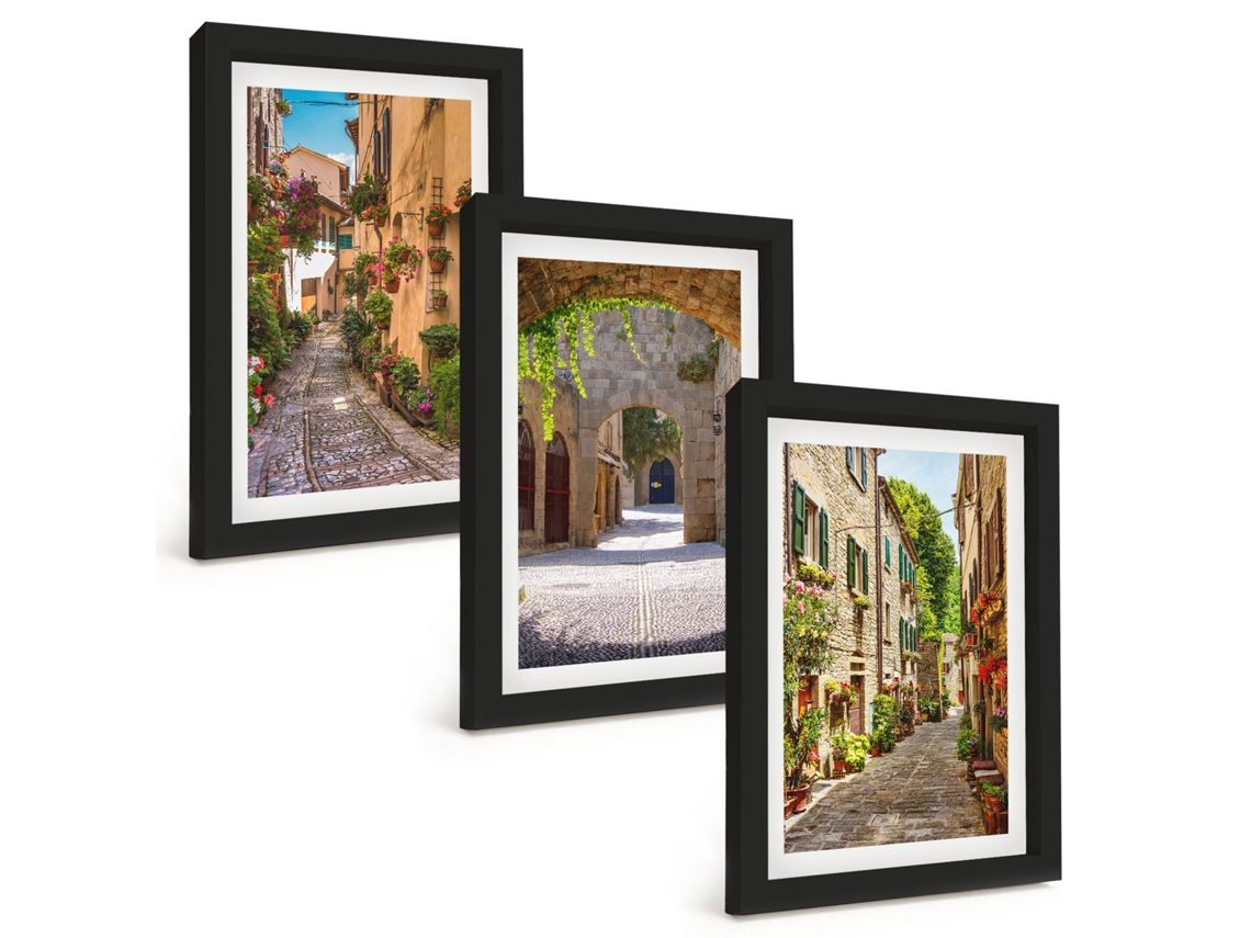 Um Conjunto De Imagens Decorativas Em Uma Moldura Ruas Italianas, Flores E Arquitetura Moldura Preta Pinturas De Quarto Espelharte (3 Peças 20x30 Cm)