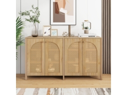 Buffet Minimalista Quatro Portas Em Vime, Punho Metálico Acabamento Madeira Natural Multifunções