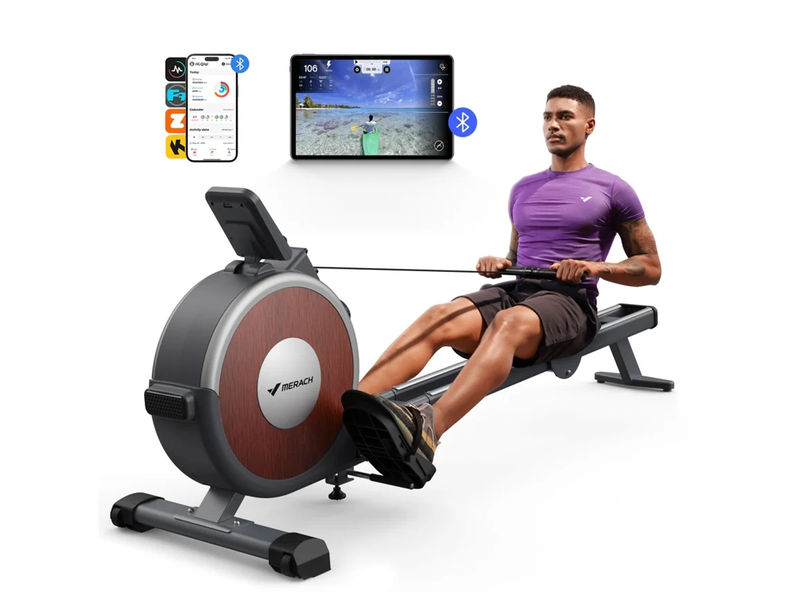 Máquina de Remo Magnético MERACH, 16 Níveis, LCD, Bluetooth, Trilhos Duplos, Ultra Silencioso, 160kg, Assento Ergonómico, Dobrável, Compatível APP