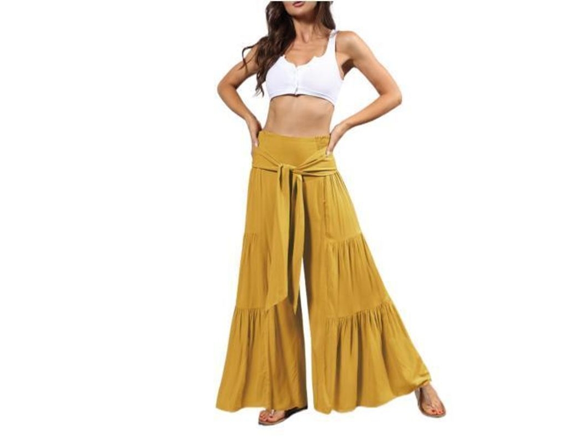 2026 pantalones de Yoga Amplios para Mujer de Cintura Alta Con Cinturón Nudo Sueltos para Playa Y Relax M Amarillo
