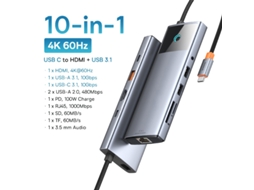 Yizhood 10Gbps Usb C 4k 60hz Tipo C para Hdmi Rj45 Ethernet Pd 100w Docking Station para Macbook Ipad Sumsang Pc Tablet Phone Cinza