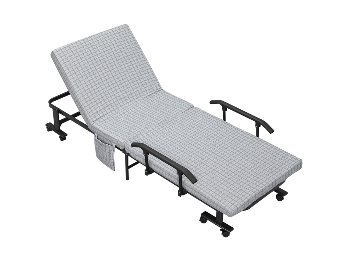 Cama dobrável com encosto reclinável, apoios de braço, 8 rolos, estrutura de aço, cinza claro e preto, 190x76x33cm | S/MARCA
