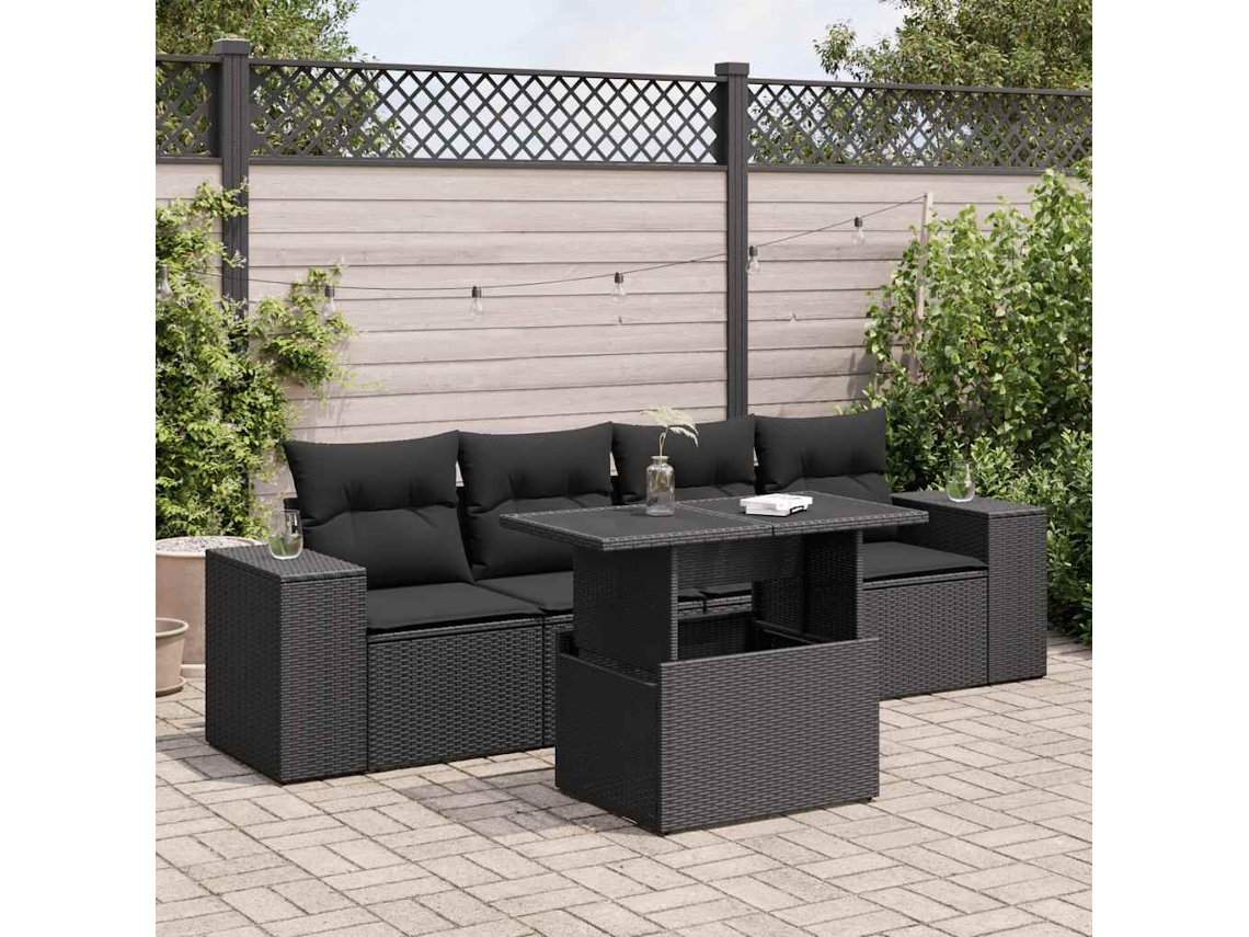 Vidaxl 5 Pcs Conjunto Sofás De Jardim Com Almofadões Vime Pe Preto