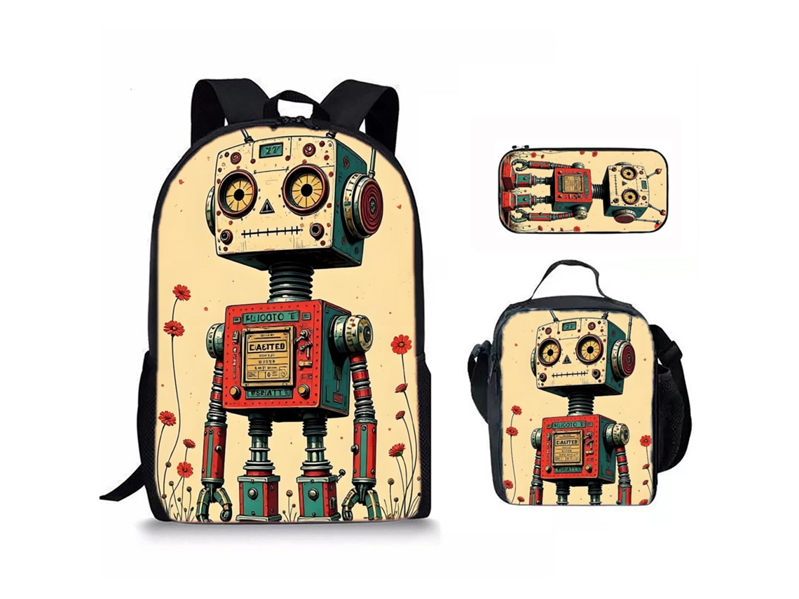 Mochila Escolar Robô Retrô, 3 Em 1 Com Lancheira E Estojo Aquaforge (1)