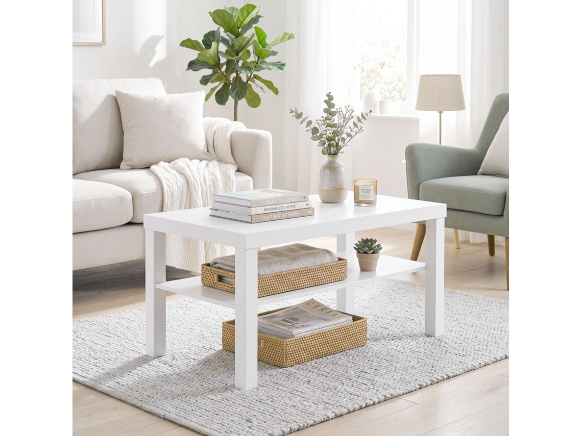 Mesa De Centro Retangular Para Sala De Estar, Com 2 Níveis E Prateleira De Armazenamento, 90x45x44,5cm, Branca.