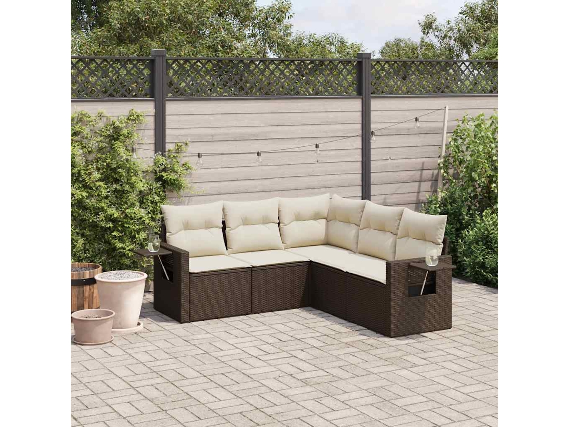Vidaxl 5 Pcs Conjunto Sofás P/ Jardim C/ Almofadões Vime Pe Castanho