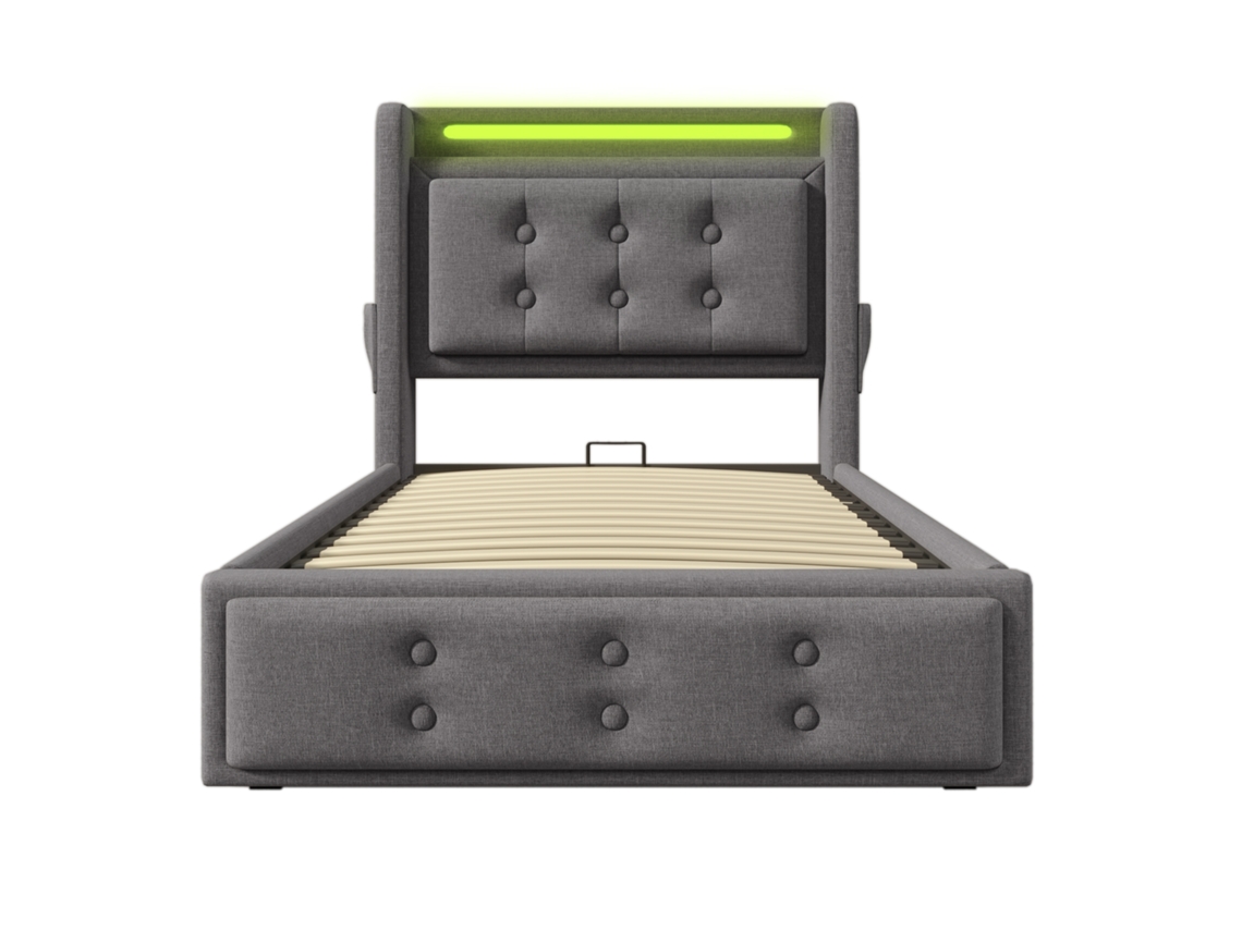 Cama de Solteiro Estofada 90x200 com USB, LED, Gavetas, Madeira PAPRIKA