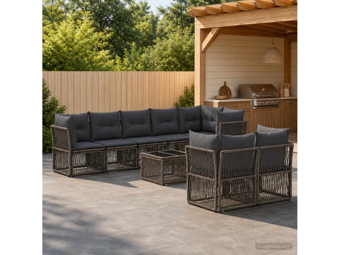 Vidaxl Conjunto De Sofá De Jardim 9 Unid. Cinzento Vime Pe