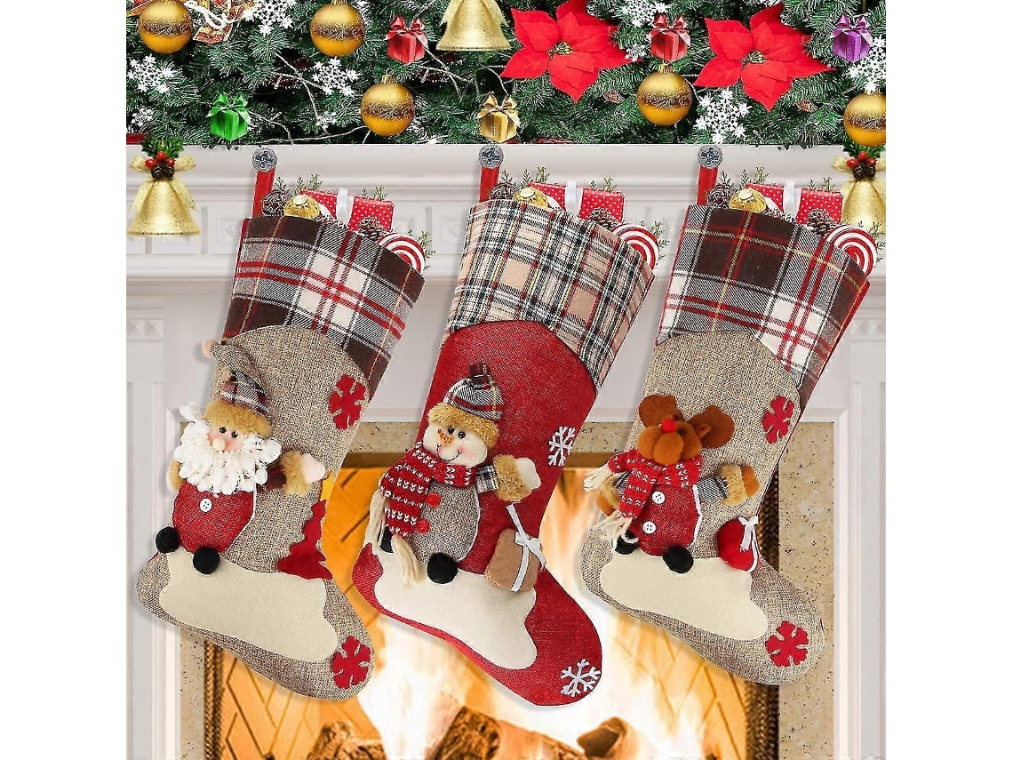 3 Meias De Natal Com Papai Noel, Boneco De Neve, Rena E Decorações De Festa De Natal. Loja Olysi