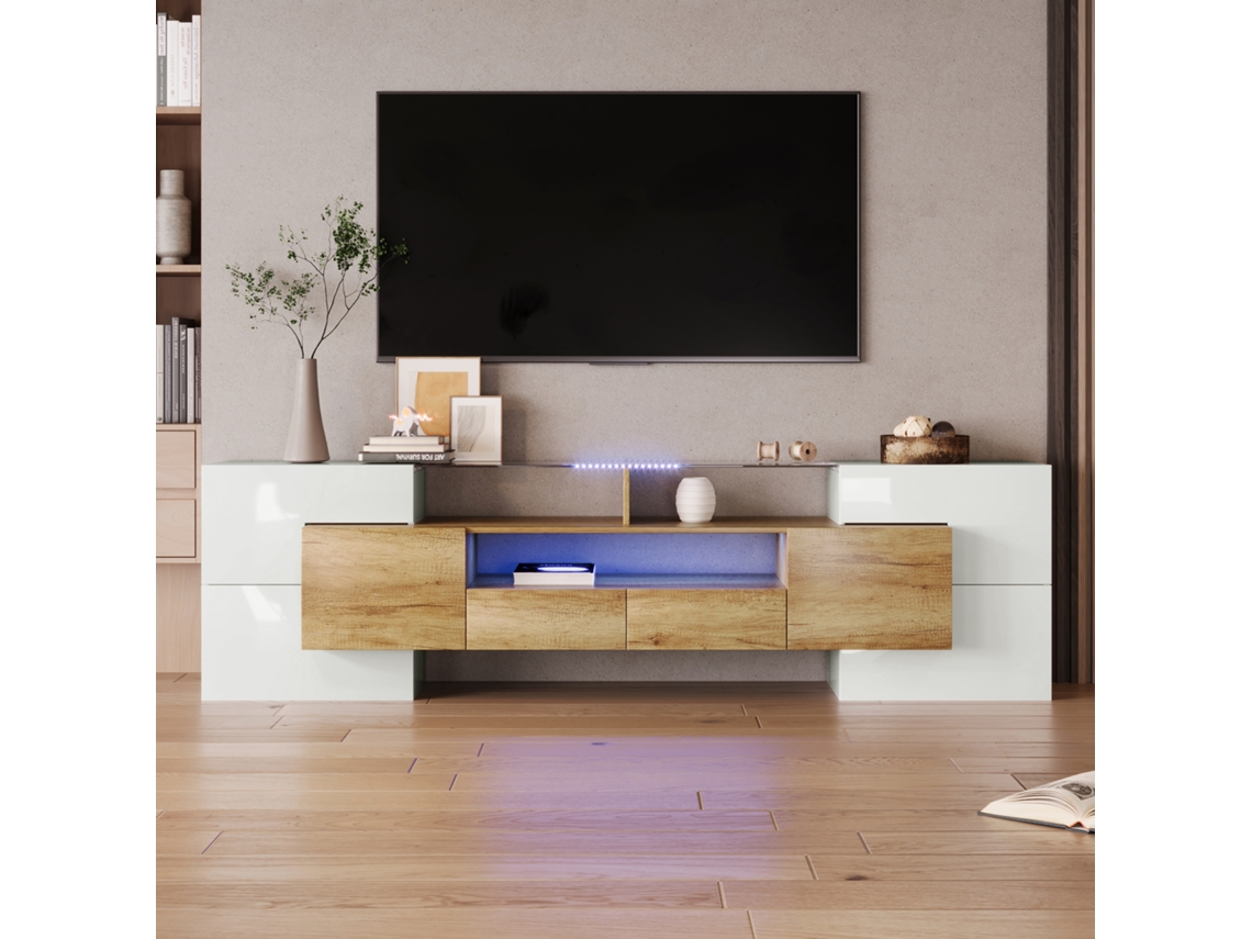 Móvel de TV KOMHTOM brilhante em concreto, 200x30x60 cm, LED multicolor, 6 portas, 2 gavetas, 3 nichos, efeito vidro, branco natural