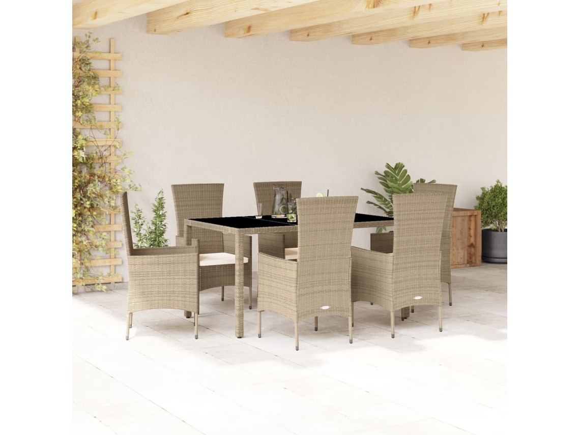 Vidaxl 7 Pcs Conjunto De Jantar P/ Jardim Com Almofadões Vime Pe Bege