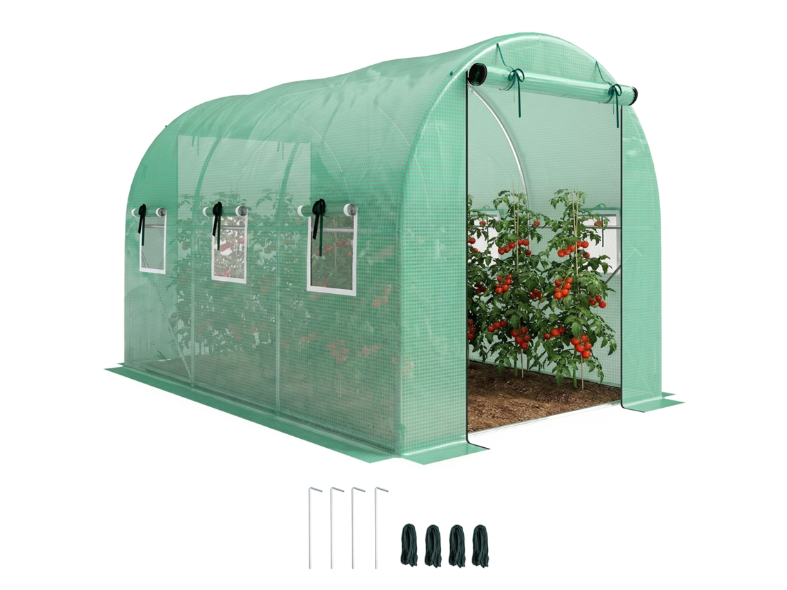 Estufa 3x2x2m Com Porta De Correr, 2 Portas De Correr E 6 Janelas De Rede, Estacas, Verde
