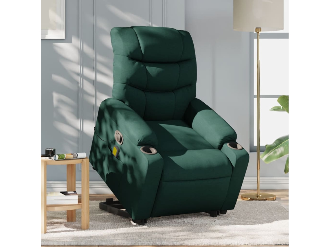 Vidaxl Poltrona Reclinável Elevatória De Massagens Tecido Verde-escuro