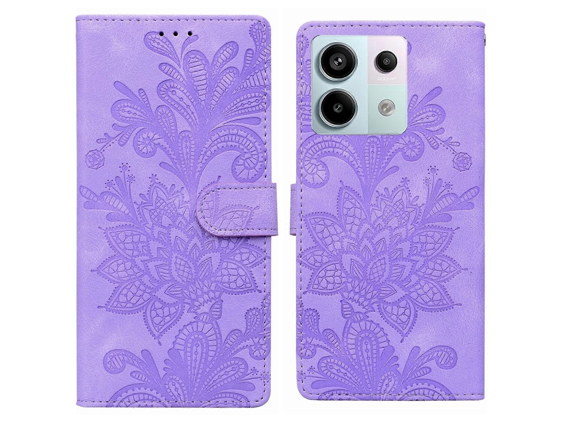 Capa De Celular Em Pu Com Fecho Magnético, Estampa Floral Em Relevo De Renda E Alça De Pulso Para Redmi Note 13 Pro 4g