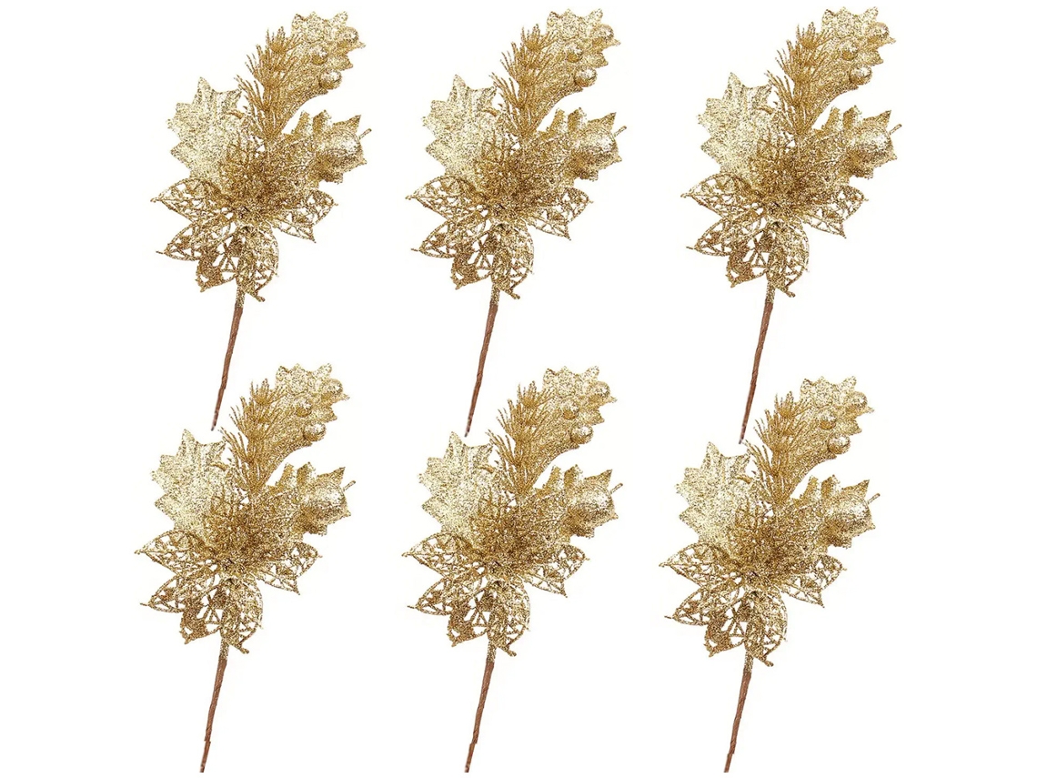 Pacote com 6 Sprays de Palhetas de Natal com Flor Artificial e Frutas para Decoração de Natal