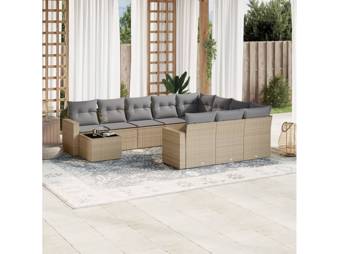Vidaxl 11 Pcs Conjunto Sofás De Jardim C/ Almofadões Vime Pe Bege