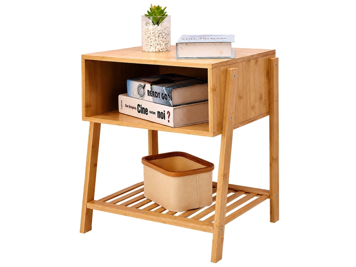 Mesa De Cabeceira De Bambu Natural Com 3 Prateleiras