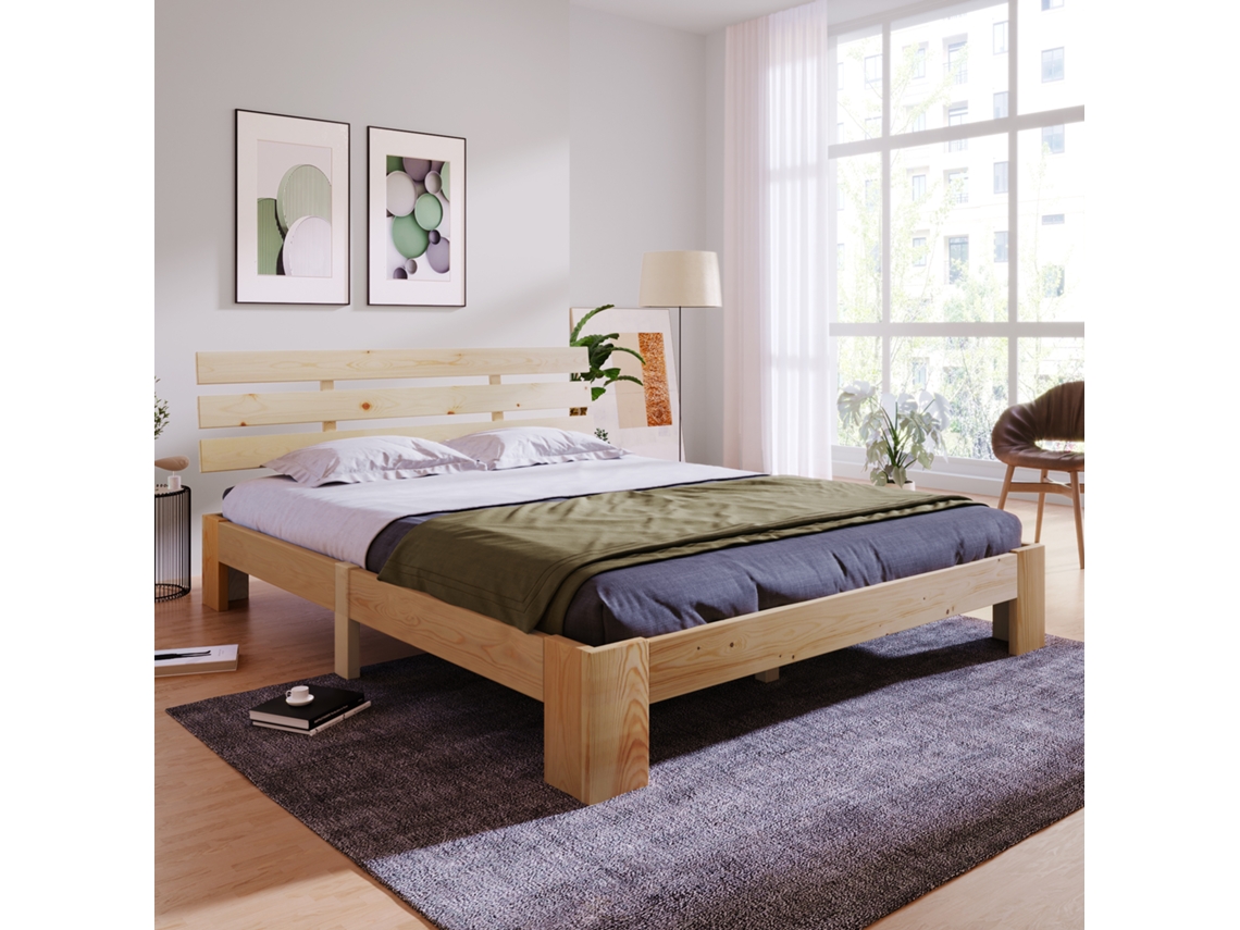 Cama Casal Madeira Pinho 200x140cm, Ripas.-op