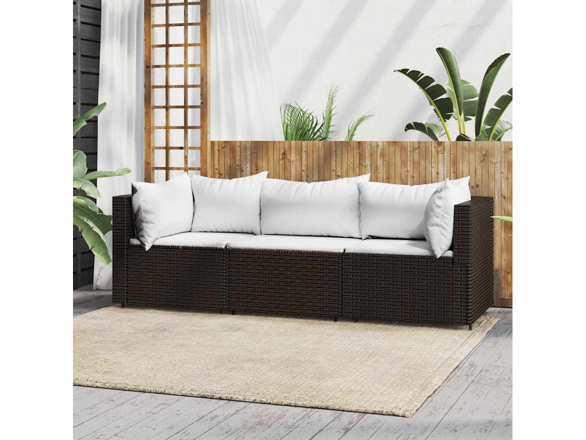 Vidaxl 3 Pcs Conjunto Lounge Jardim C/ Almofadões Vime Pe Castanho