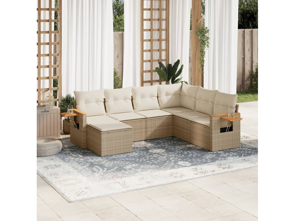 Vidaxl 7 Pcs Conjunto de Sofás P/ Jardim com Almofadões Vime Pe Bege