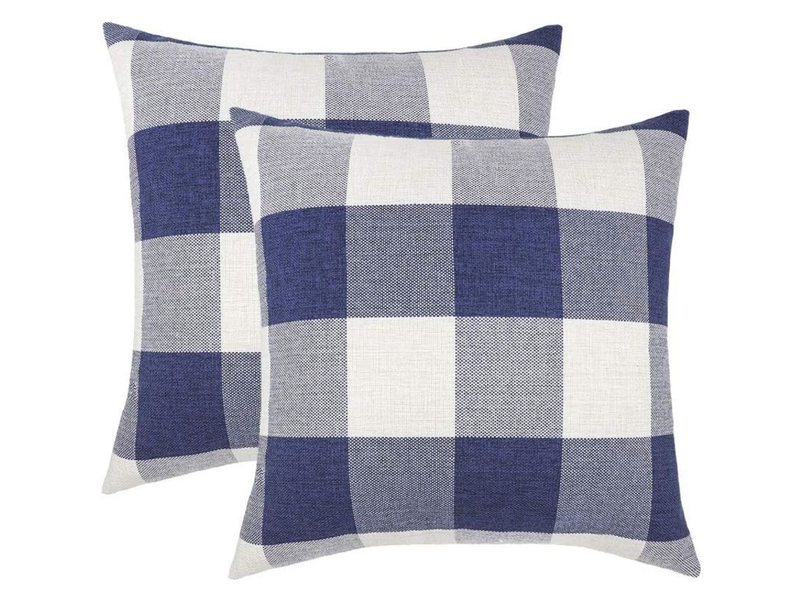2026 funda de Almohada de Tela de Poliéster Lino Estampado Vichy Rústico Azul Marino Y Blanco 18x18 Polegadas 2 Unidades