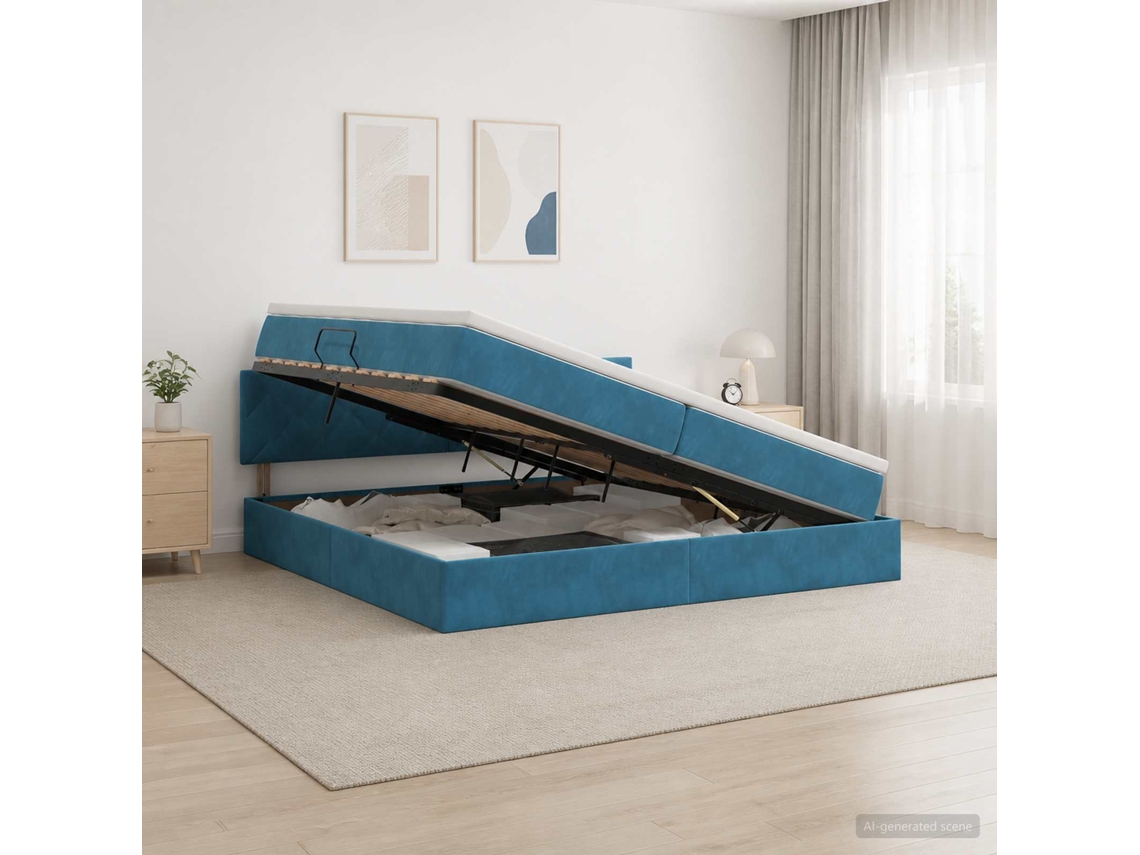 Vidaxl Cama Com Armazenamento Azul Escuro 200 X 200 Cm Veludo