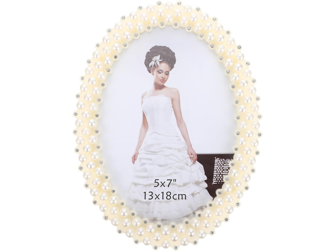 Porta Retratos 18 Branco Pérolas Incrustadas Suporte Decorativo Exclusivo Fotos Ideal Lembrancinha Festa Oval GOKOCO